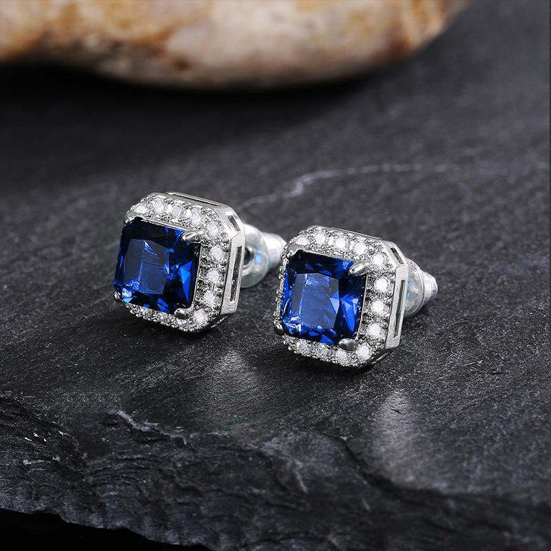 Sterling Silver Blue Square Zirconia Cushion Cut Stud Earrings