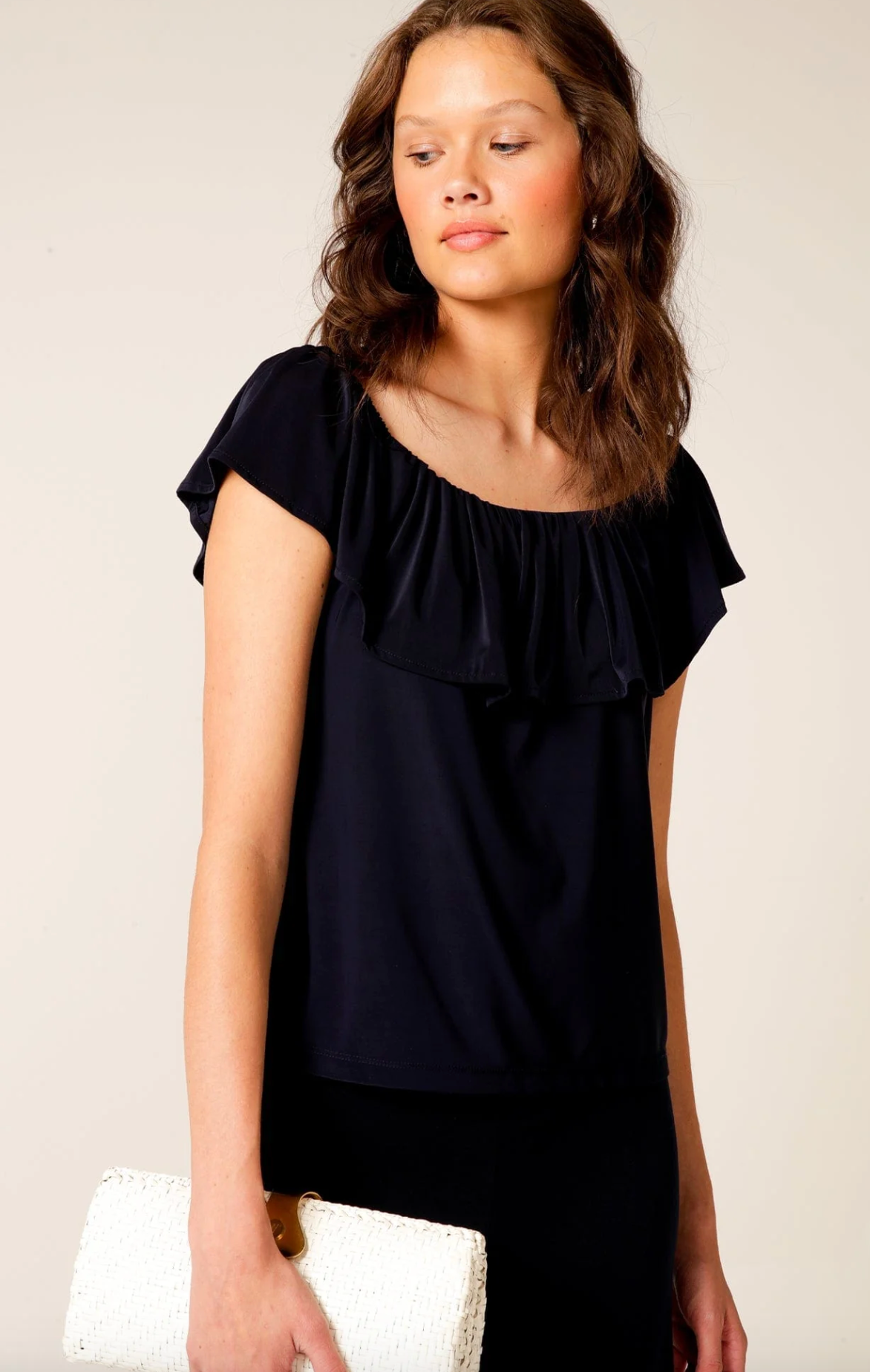 Off Shoulder Frill Top- Navy Sz 12