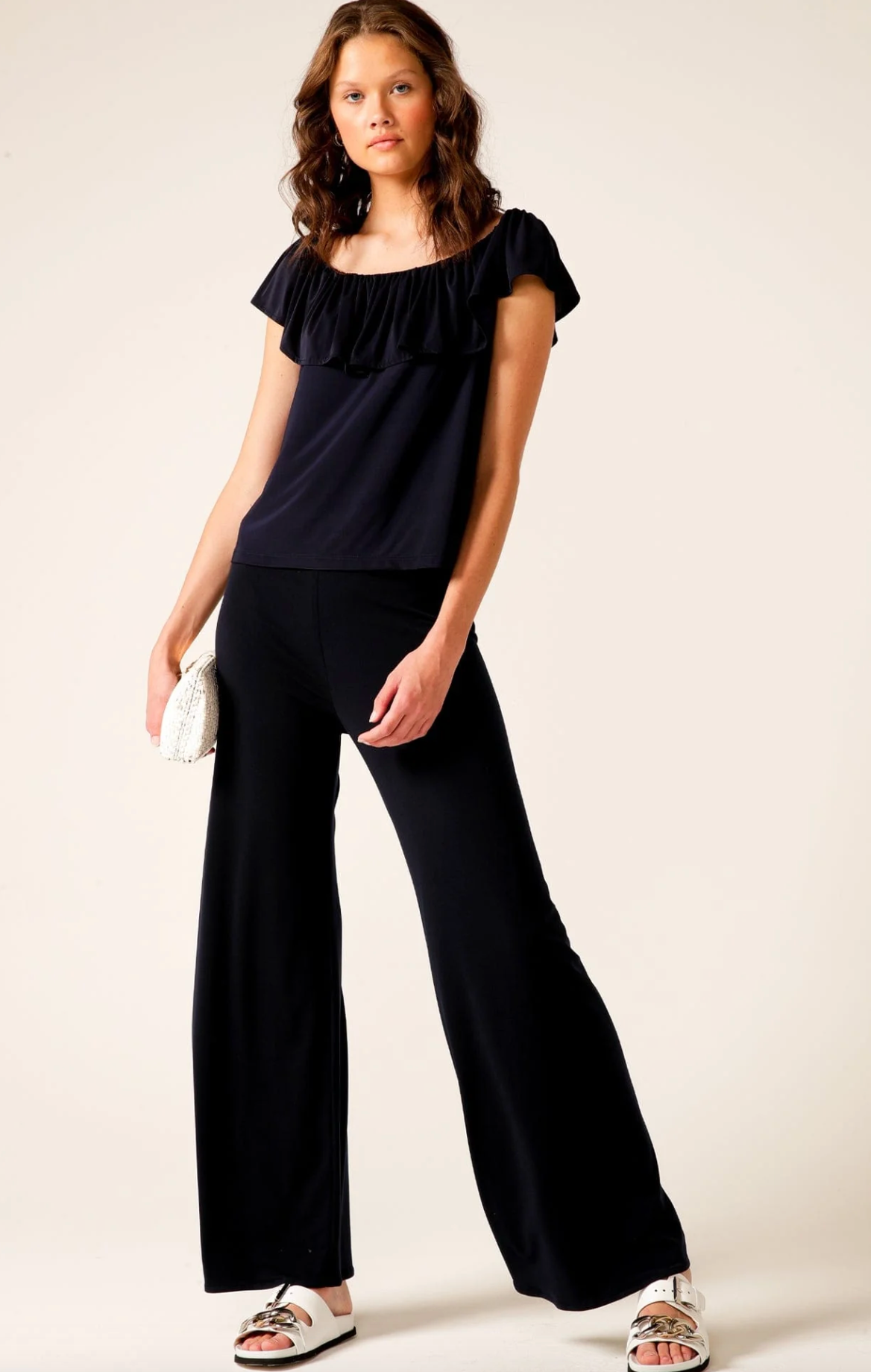 Off Shoulder Frill Top- Navy Sz 12