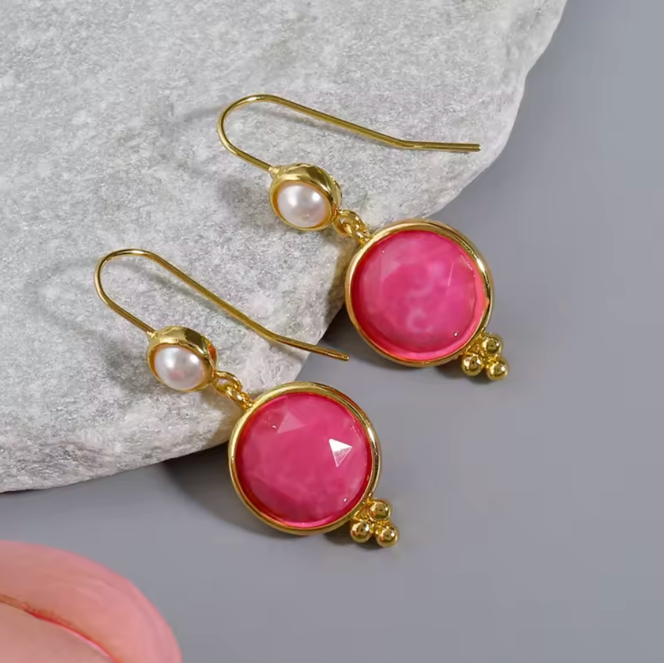 Gold and Pink Drop Earrings