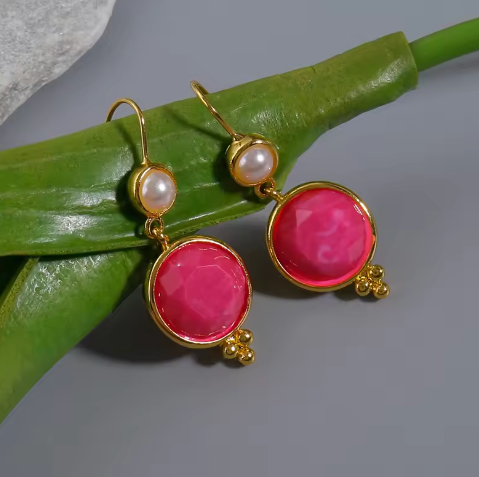 Gold and Pink Drop Earrings