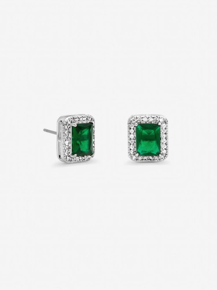 Sterling Silver Green  Zirconia Cushion Cut Stud Earrings