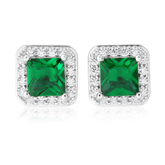Sterling Silver Green Square Zirconia Cushion Cut Stud Earrings