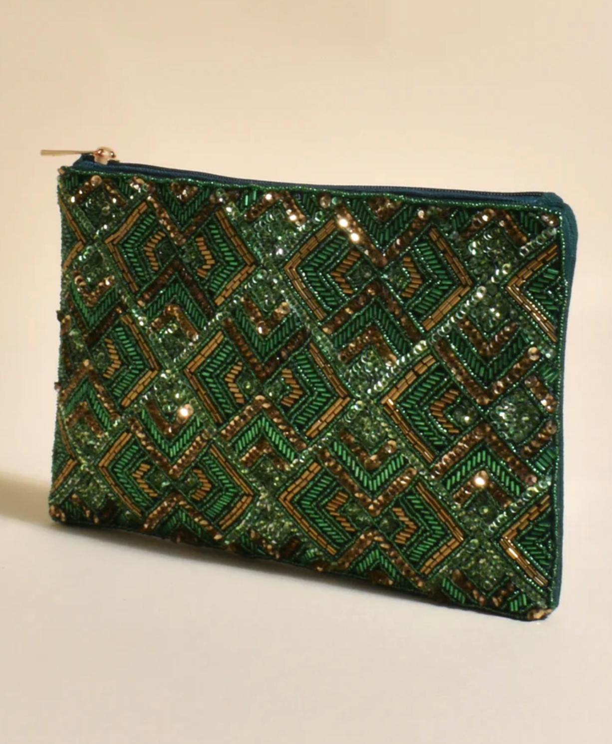Patterned Beaded Zip Top Clutch Sage Gold Vovo s Boutique