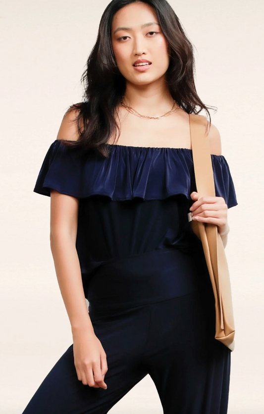 Off Shoulder Frill Top- Navy Sz 12