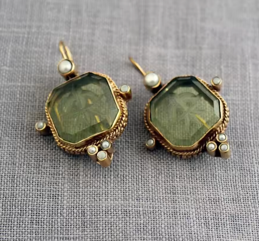 Gold Pearl and Gem Drop Earrings