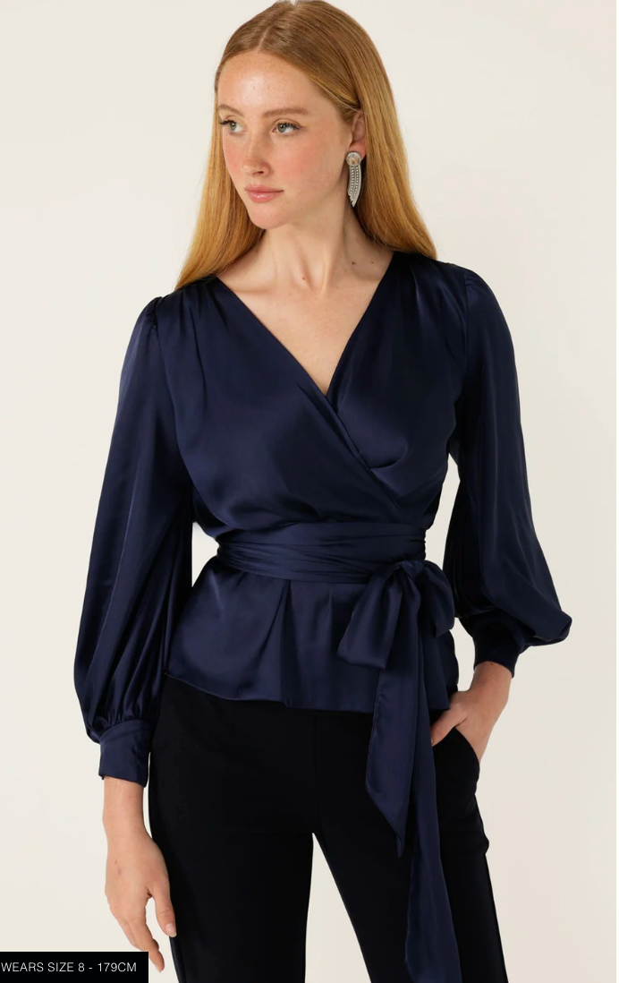 Satin Faux Wrap Top Navy