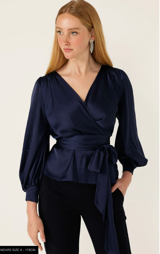 Satin Faux Wrap Top Navy