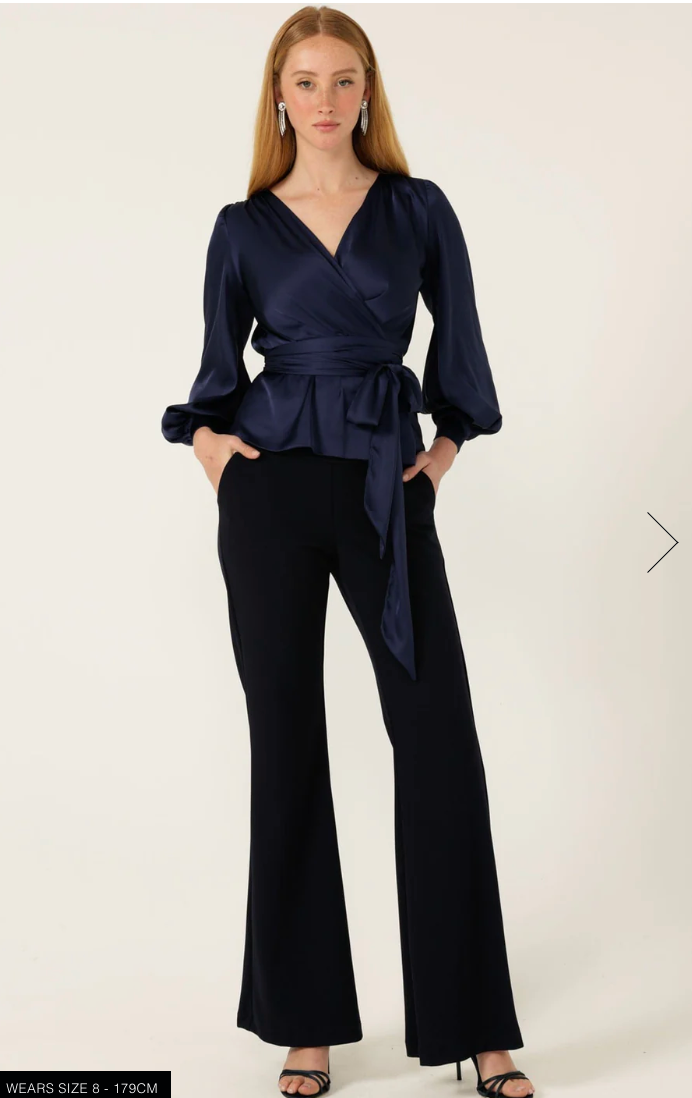 Satin Faux Wrap Top Navy