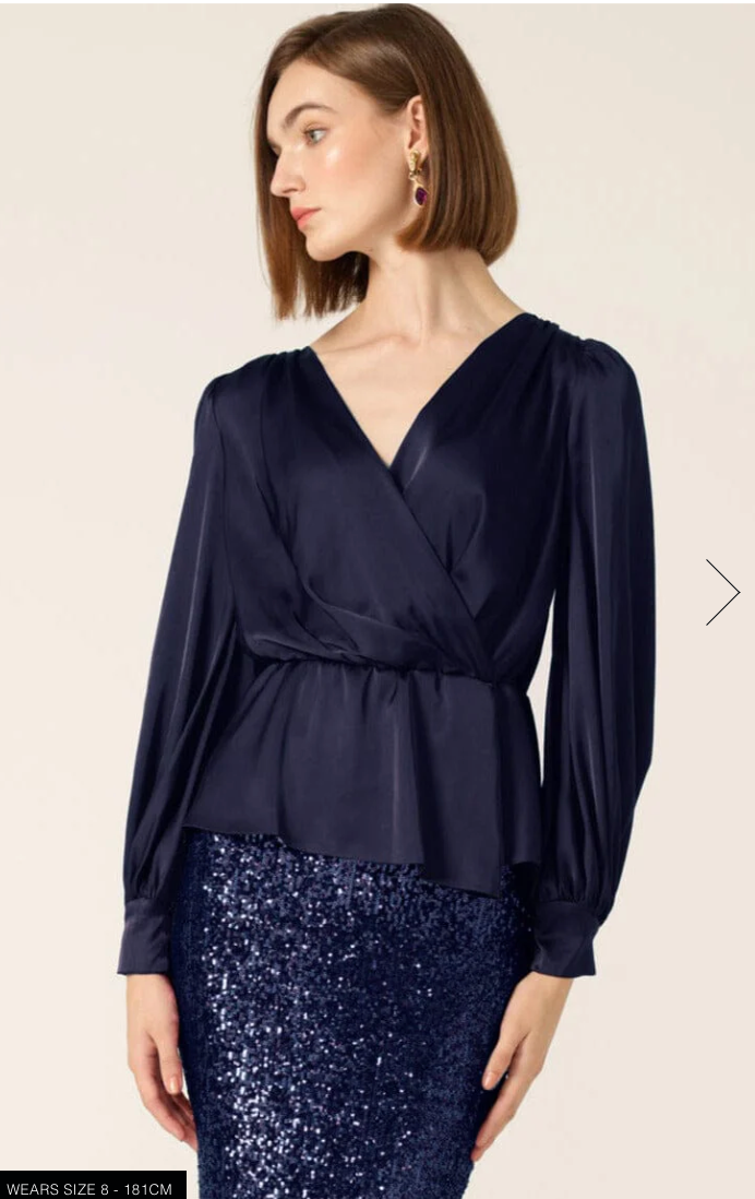 Satin Faux Wrap Top Navy