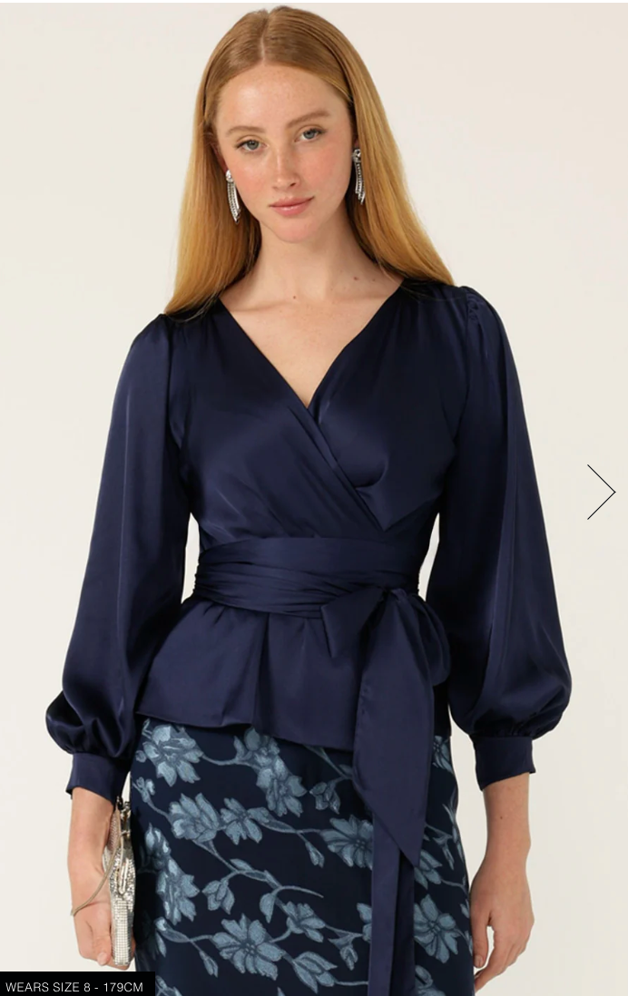 Satin Faux Wrap Top Navy