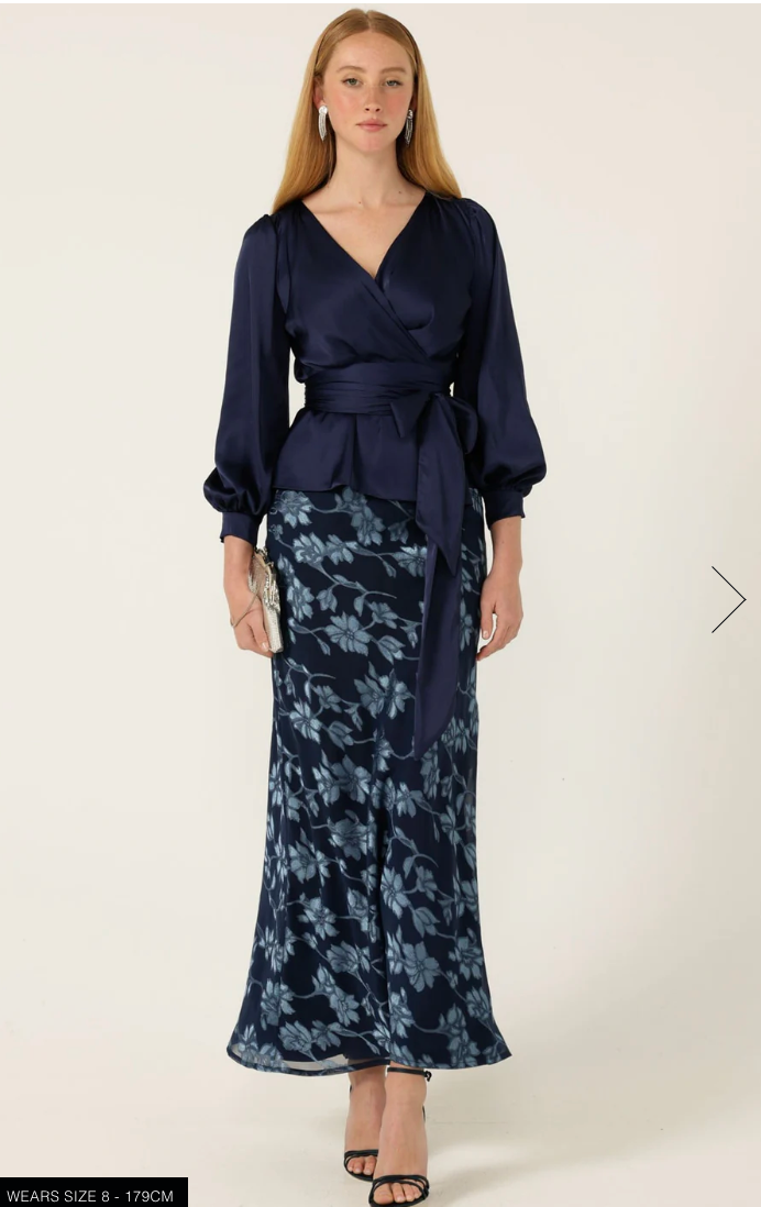 Satin Faux Wrap Top Navy