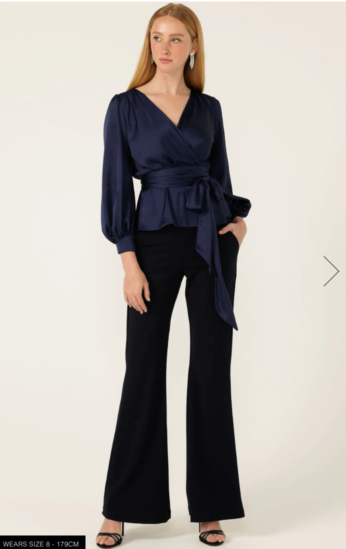Satin Faux Wrap Top Navy