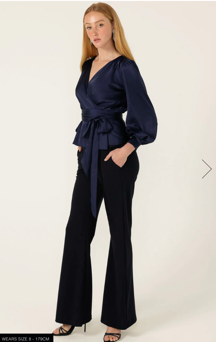 Satin Faux Wrap Top Navy