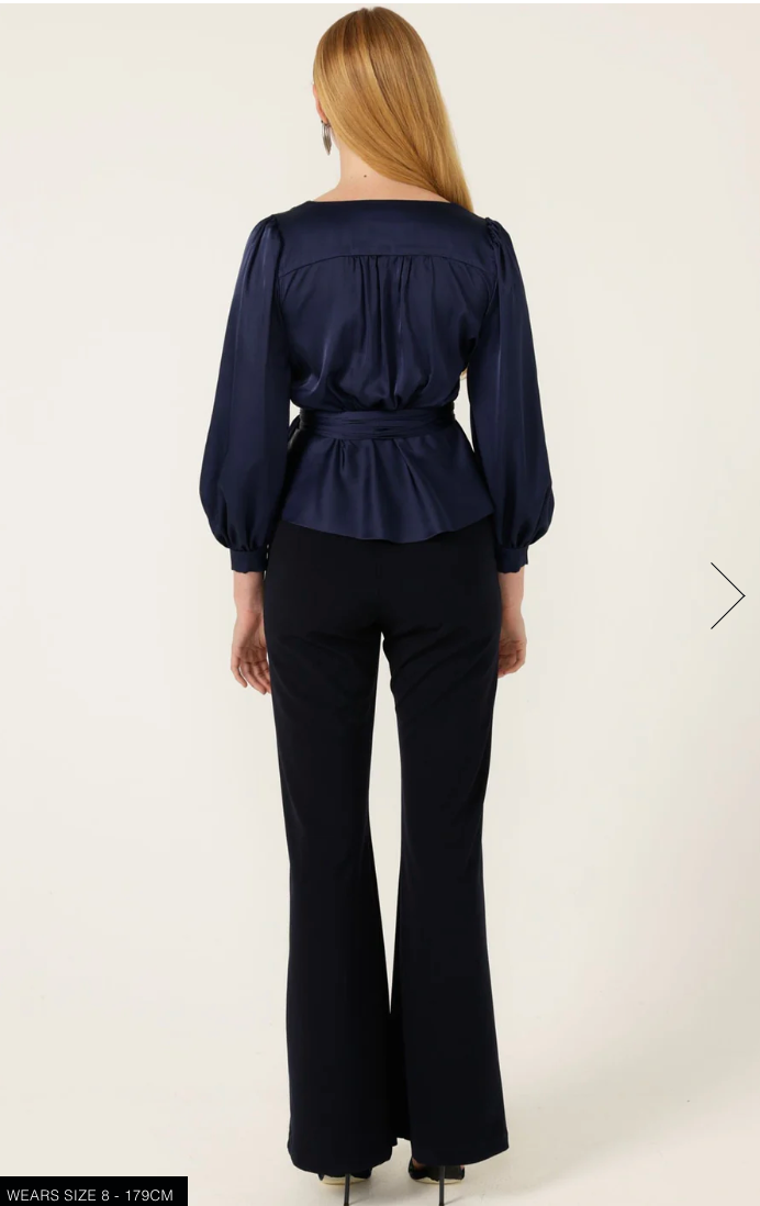 Satin Faux Wrap Top Navy