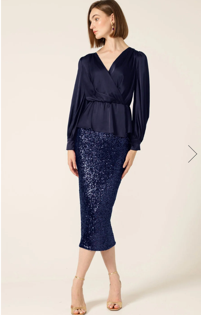 Sequin Midi Pencil Skirt Navy