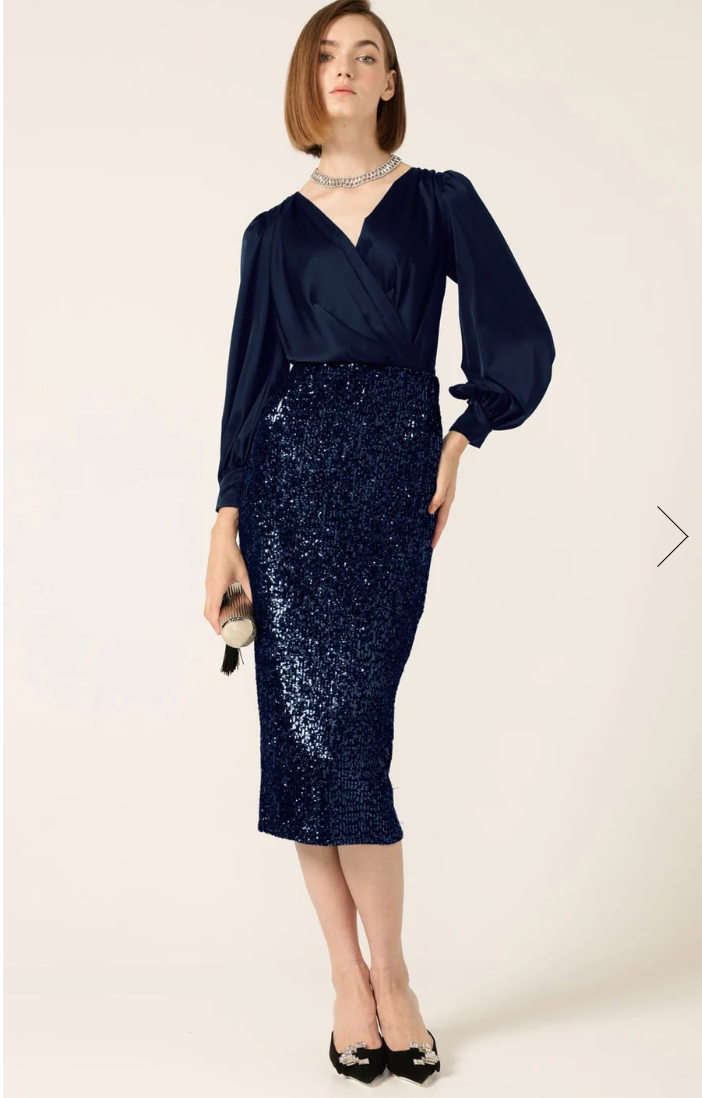 Sequin Midi Pencil Skirt Navy