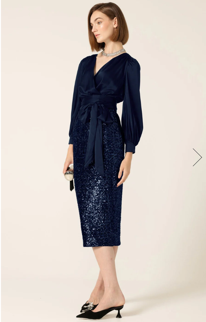 Sequin Midi Pencil Skirt Navy