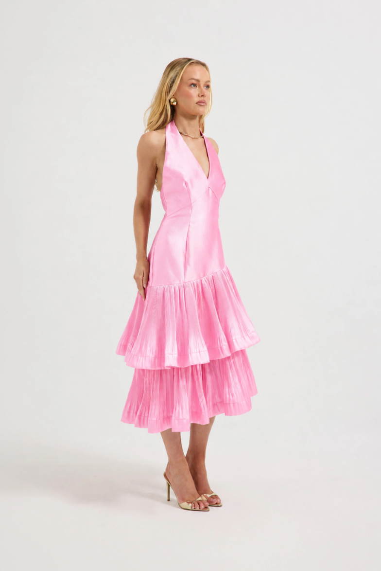 Lennox Pleated Halter Midi Pink